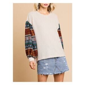 Umgee Cream Oversized Waffle Knit Top Print Long Puff Sleeve Blouse Size M